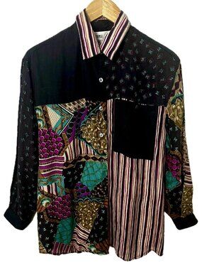 Vintage 100% Silk Patchwork Blouse Medium Abstract Art Print Button Front